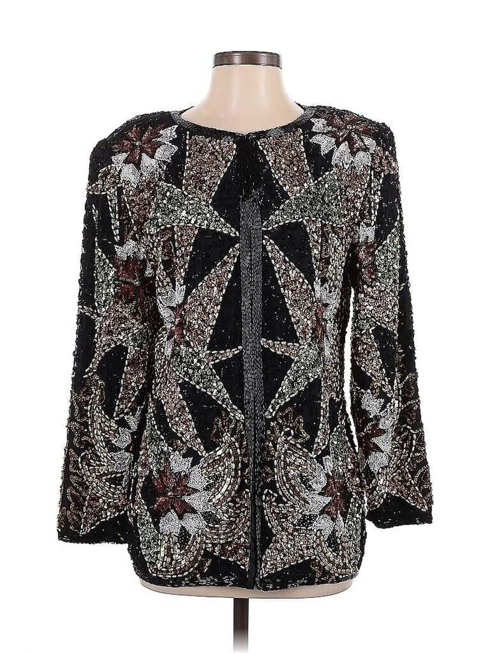 VTG Jakelin 100% Silk Black Gold Beaded Star Tunic Jacket Sequin Beaded Kazar S